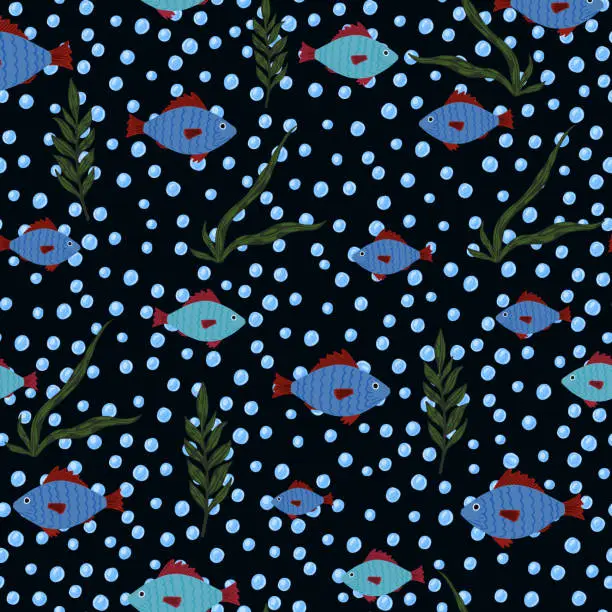 Vector illustration of Planktom seamless pattern with fish and seaweed silhouettes. Dark background with blue and green ornament and water bubbles.