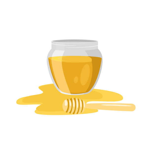 ilustrações, clipart, desenhos animados e ícones de mel em pote de vidro com favo de mel isolado no fundo branco. - syrup jar sticky isolated objects
