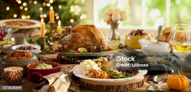 Thanksgiving Dinner Table Stock Photo - Download Image Now - Thanksgiving - Holiday, Christmas, Dinner