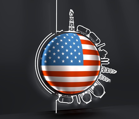 Design set of natural gas logistic. Objects located around circle. Industry concept. Flag of USA. 3D rendering