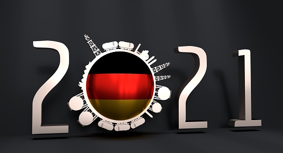 Design set of natural gas logistic. Objects located around circle. Industry concept. Flag of Germany. 2021 year number. 3D rendering