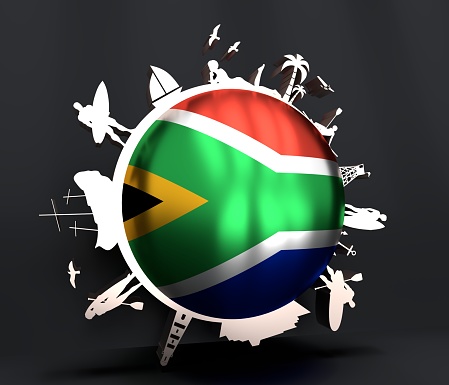 Circle with tropical recreation silhouettes. Objects located around the circle. Human with surfboard, cruise ship, palm, lifeguard tower. South Africa flag in the center. 3D rendering.