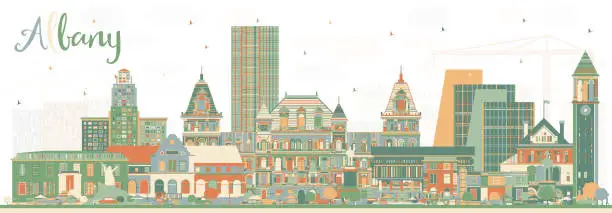 Vector illustration of Albany New York City Skyline with Color Buildings.