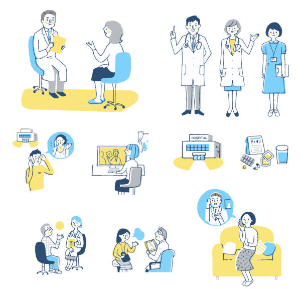 Set of various scenes of patients consulting with medical institutions Medical, disease, illness, people, healthcare biomedical illustration stock illustrations