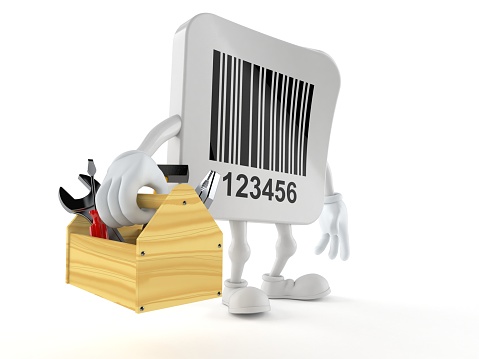 Barcode character holding toolbox isolated on white background. 3d illustration