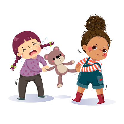 Vector illustration cartoon of two little girls fighting over a teddy bear. The conflict between children.