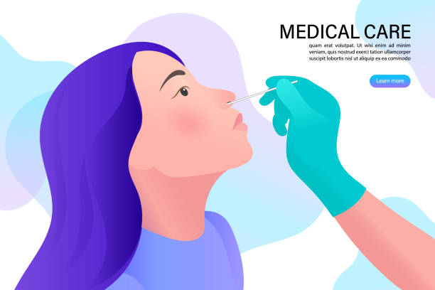 ilustrações de stock, clip art, desenhos animados e ícones de coronavirus testing .covid-19 testing carried out by a medical professional. woman taking coronavirus (covid-19) or dna test by buccal swab probe. cartoon flat vector. - examining medicine healthcare and medicine beauty in nature