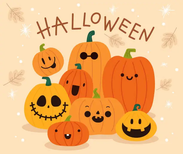 Vector illustration of Cute pumpkin family. Thanksgiving and Halloween elements. Autumn Festival.