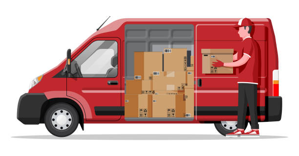 illustrazioni stock, clip art, cartoni animati e icone di tendenza di furgone di consegna pieno di scatole di cartone isolate - van delivery van mini van messenger