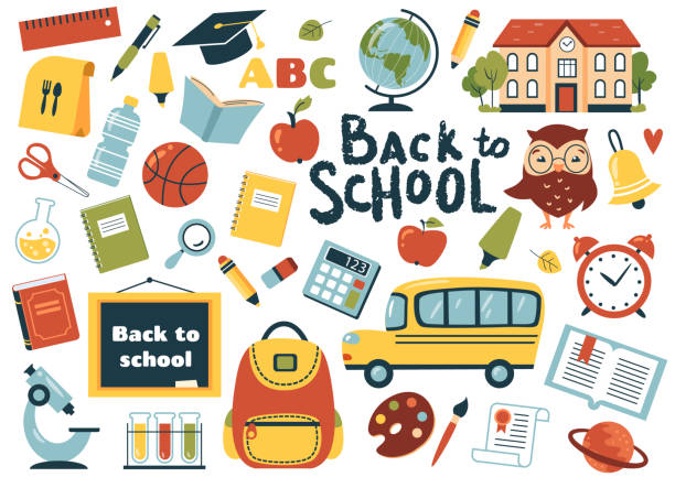 ilustrações de stock, clip art, desenhos animados e ícones de back to school element set. - bus school bus education cartoon