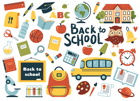 Back to school element set. Perfect for banner,  poster, tag, sticker kit, scrapbooking. Vector illustration