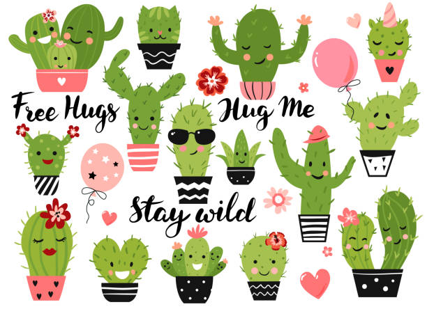 Cute cactus plant. Cute cactus plant with funny kawaii faces in pots. Vector illustration set. cactus stock illustrations