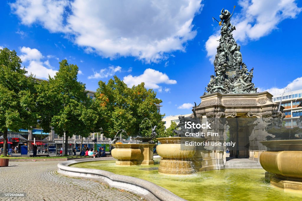 Mannheim, Germany -  Town square called 'Paradeplatz' wifountain city center of Mannheim Mannheim, Germany - September 2020: Town square called 'Paradeplatz' with Fountain called 'Grupello Pyramid' in city center of Mannheim on a sunny day Mannheim Stock Photo