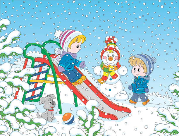 겨울 공원에서 장난감 슬라이드에 어린이 - playground snow winter little girls stock illustrations