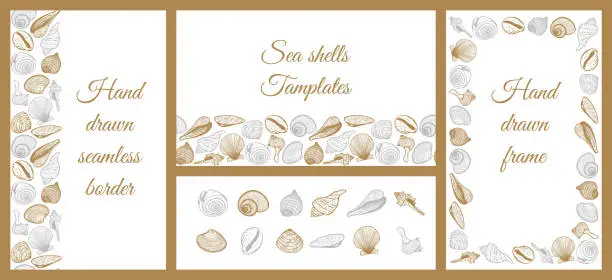 Vector illustration of A set of templates for design on the sea, summer theme. Horizontal and vertical frames made of seashells.Seamless border. A collection of hand-drawn elements isolated on white. Vector illustration.