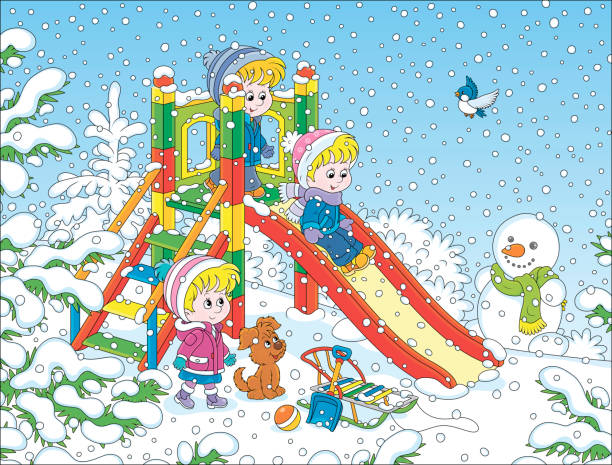 눈 덮인 공원에서 슬라이드에 아이들 - playground snow winter little girls stock illustrations