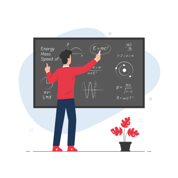 lehrer erklären und schreiben formel an der tafel. lehrkonzept-illustration - physics classroom teaching professor stock-grafiken, -clipart, -cartoons und -symbole