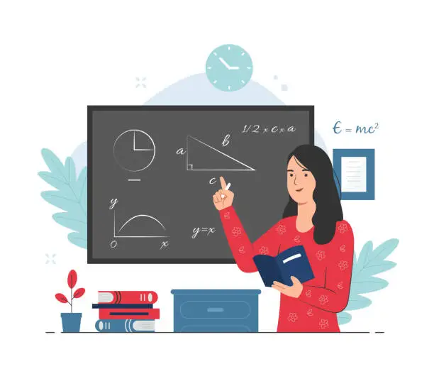 Vector illustration of Female teacher giving math lesson while explaining it on chalkboard. Teaching concept illustration