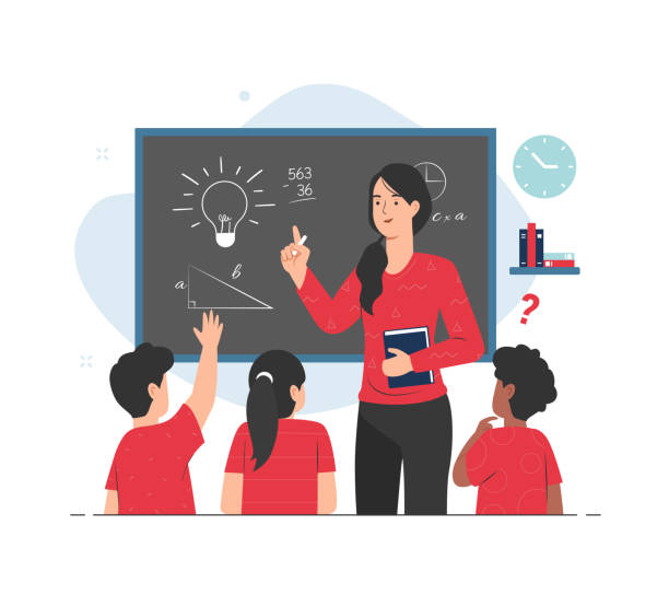 Teacher giving lesson to her students in classroom. Teaching concept illustration Teacher character in flat cartoon illustration kids classroomv stock illustrations