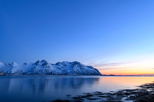 Snowy winter landscape sunset in the Lofoten in Norway