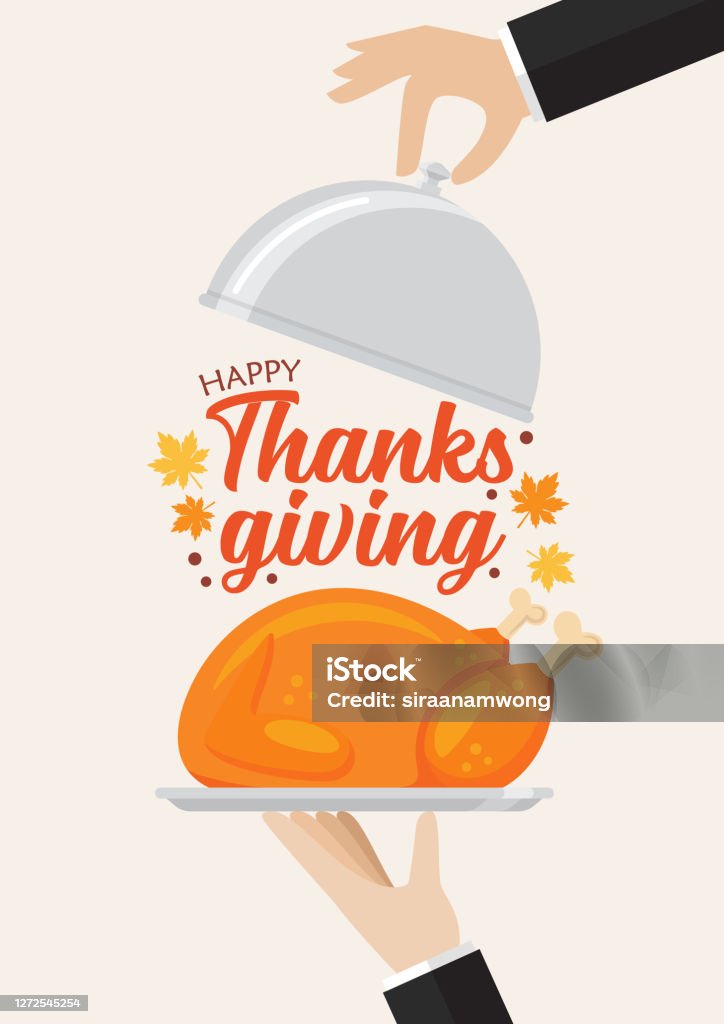 Waiter serving a turkey with Happy Thanksgiving lettering Waiter serving a turkey with Happy Thanksgiving lettering. Vector illustration for greeting cards Thanksgiving - Holiday stock vector