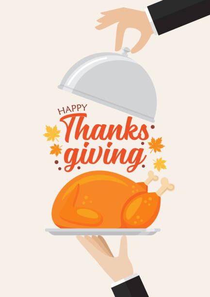 Waiter serving a turkey with Happy Thanksgiving lettering Waiter serving a turkey with Happy Thanksgiving lettering. Vector illustration for greeting cards thanksgiving dinner stock illustrations