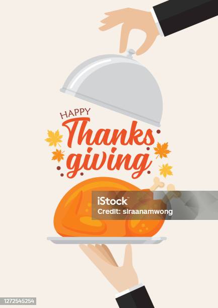 Waiter Serving A Turkey With Happy Thanksgiving Lettering Stock Illustration - Download Image Now