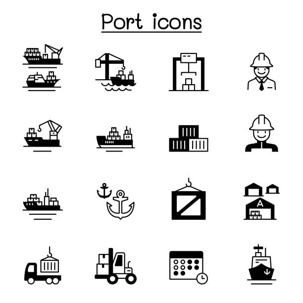 ilustraciones, imágenes clip art, dibujos animados e iconos de stock de conjunto de iconos vectoriales relacionados con el puerto marino. contiene iconos como barco, crucero, carga, almacén, logística, entrega, grúa, transporte y más. - astillero