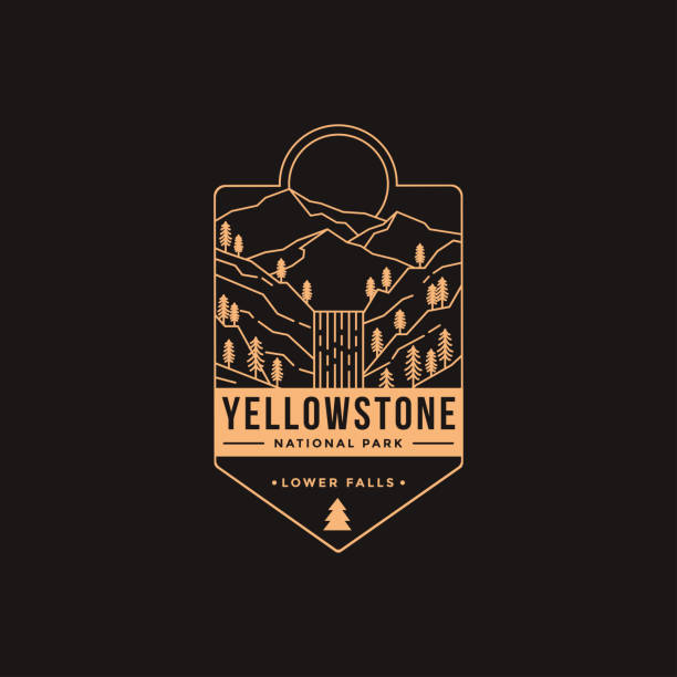 ilustrações de stock, clip art, desenhos animados e ícones de lineart emblem patch vector illustration of lower falls yellowstone national park - lower falls