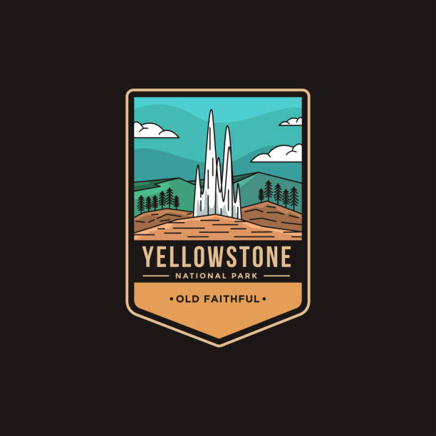Lineart Emblem patch vector illustration of Old Faithful Yellowstone National Park