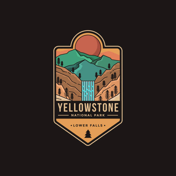 illustrazioni stock, clip art, cartoni animati e icone di tendenza di illustrazione vettoriale della patch lineart emblem del parco nazionale di yellowstone lower falls - cascata