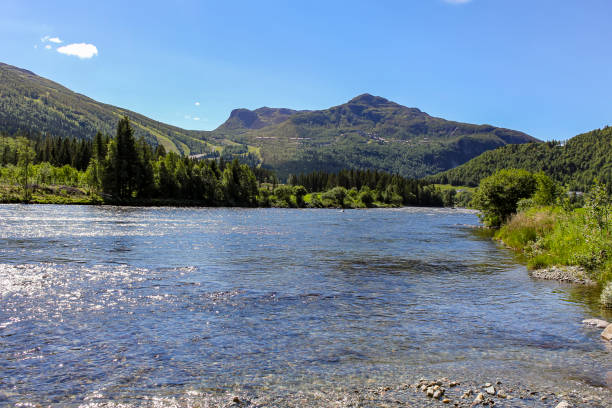 istock Flowing beautiful river lake Hemsila with mountain panorama, Hemsedal, Norway. 1272553245