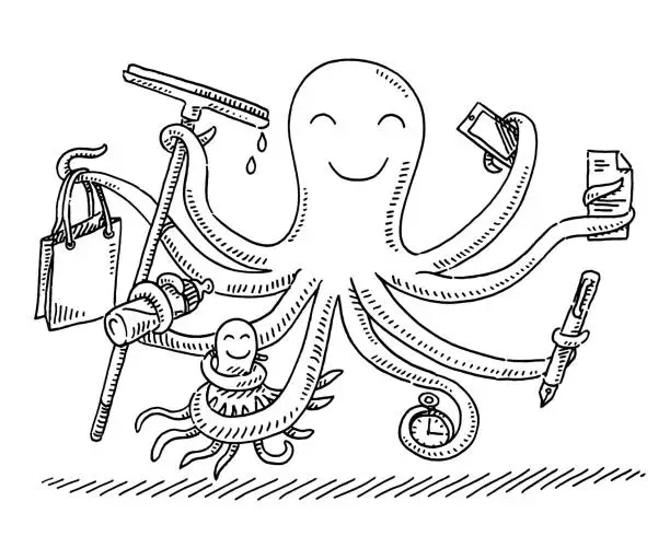 Vector illustration of Cartoon Octopus Multitasking Concept Drawing