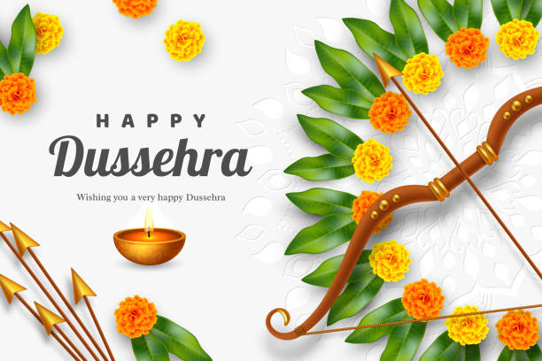 Happy Dussehra banner. Happy Dussehra banner. Bow and arrow with flower wreath. Hindu Navratri festival, Vijayadashami holiday. Vector illustration. ravana in happy dussehra stock illustrations