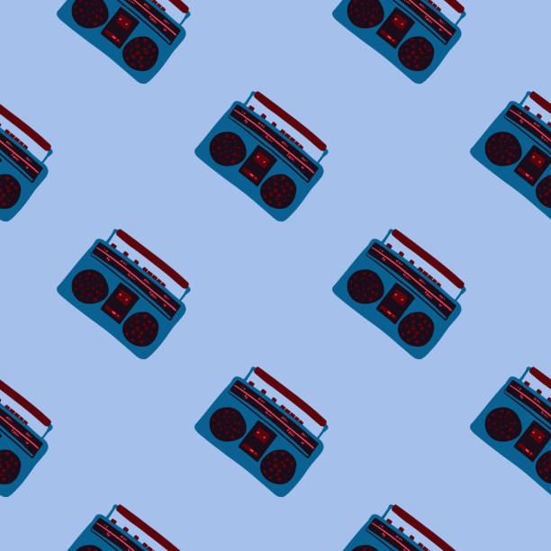 minimalistyczna muzyka prosty bezszwowy wzór. granatowy magnetofon na jasnoniebieskim tle. - seamless tile audio stock illustrations