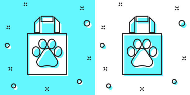 illustrazioni stock, clip art, cartoni animati e icone di tendenza di icona dell'animale domestico della shopping bag in linea nera isolata su sfondo verde e bianco. negozio di animali online. clinica animale. forme dinamiche casuali. vettore - domestic cat bag shopping gift