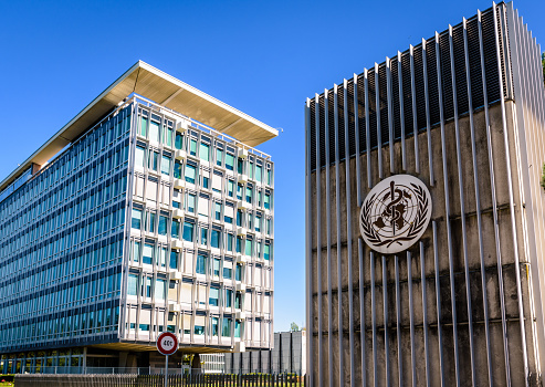 Geneva, Switzerland - September 3, 2020: The World Health Organization (WHO) headquarters, a specialized agency of the United Nations responsible for international public health.