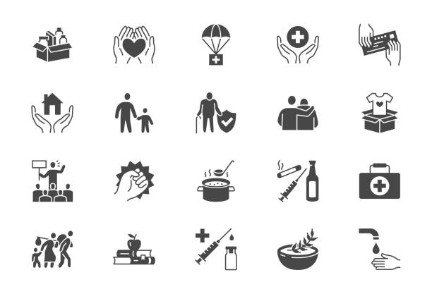 Charity, social worker glyph icons. Vector illustration included icon as donate food, humanitarian aid, pantry, homeless shelter outline pictogram for volunteer. Black color silhouette Charity, social worker glyph icons. Vector illustration included icon as donate food, humanitarian aid, pantry, homeless shelter outline pictogram for volunteer. Black color silhouette. emergency shelter stock illustrations