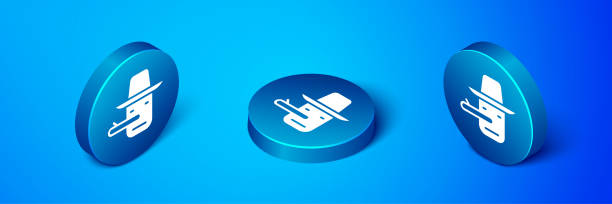 ilustrações de stock, clip art, desenhos animados e ícones de isometric pinocchio icon isolated on blue background. blue circle button. vector - pinocchio fairy tale puppet picture book