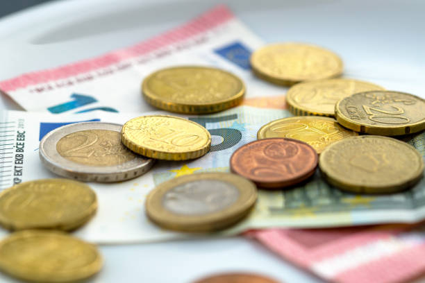 euro Money On White Plate. plate with coins and banknote. rising costs, assets