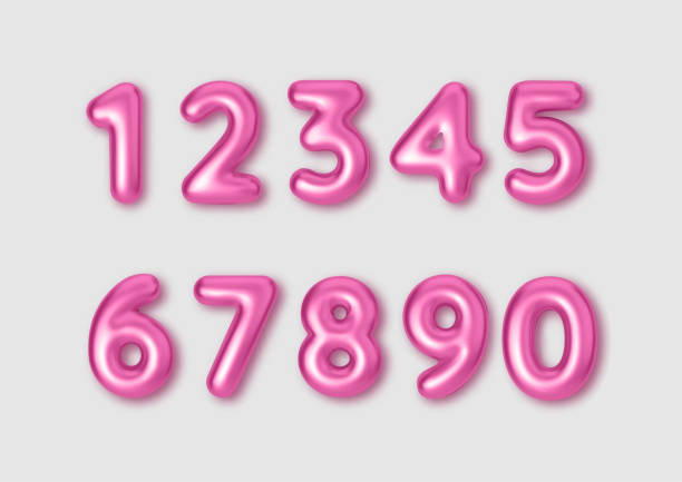 사실적인 3d 글꼴 색상 핑크 번호. 금속 풍선의 형태로 번호입니다. 제품, 광고, 웹 배너, 전단지, 인증서 및 엽서용 템플릿입니다. 벡터 일러스트레이션 - fourth dimension 이미지 stock illustrations