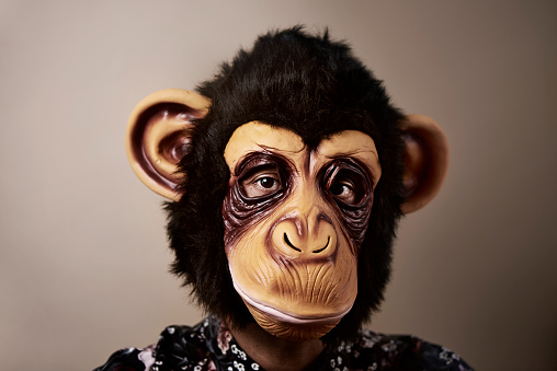 portrait of a man wearing a monkey mask against a beige background, with a retro processing