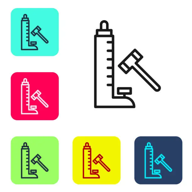 Vector illustration of Black line High striker attraction with big hammer icon isolated on white background. Attraction for measuring strength. Amusement park. Set icons in color square buttons. Vector