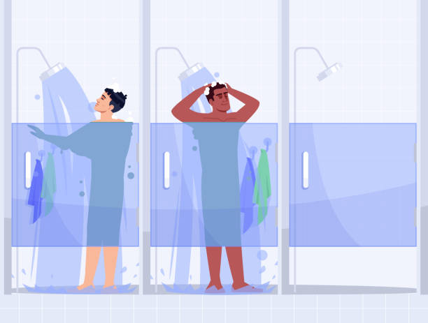 illustrazioni stock, clip art, cartoni animati e icone di tendenza di illustrazione vettoriale semi piatta doccia da palestra maschile - doccia