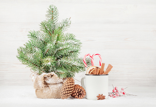 Christmas greeting card with fir tree and spices in front of wooden wall and copy space for your xmas greetings