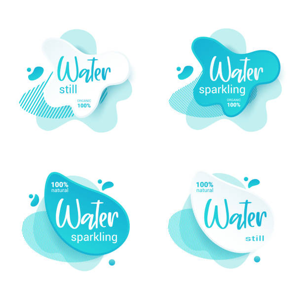 Mineral water tag. Blue label and stikers emblem with drops of water for web and print tag.Still and sparkling water label set. Vector illustration for you design vector art illustration