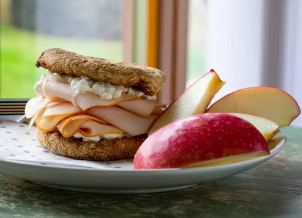 simple and healthy low fat breakfast sandwich - toasted and served with apples slices on a plate at home - ready to eat