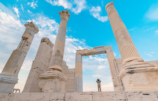 The city's main street and columns. It was located within the borders of the province, which was called Caria and Lydia in the Hellenistic period, and Phrygia Pacatiana in the Roman period.