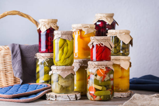 istock Homemade preserved, fermented food, pickled, marinated vegetables, fruit compote 1272568020