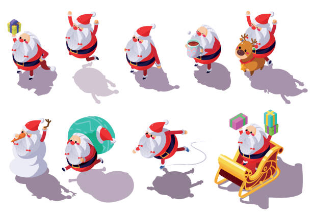 święty mikołaj boże narodzenie w różnych działań i pozować ikony - sack santa claus christmas vector stock illustrations